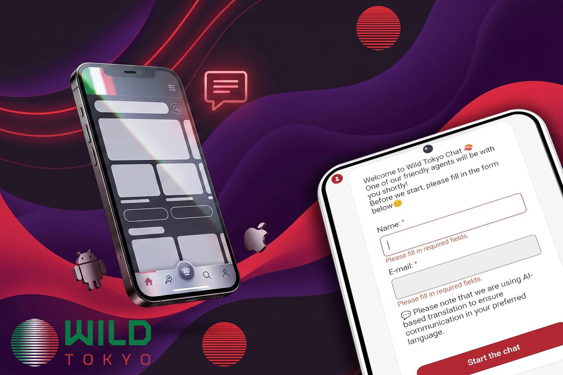 Servizio clienti con chat dal vivo multilingue e assistenza rapida, mostrato sull'interfaccia mobile insieme a icone fluttuanti per Android e iOS