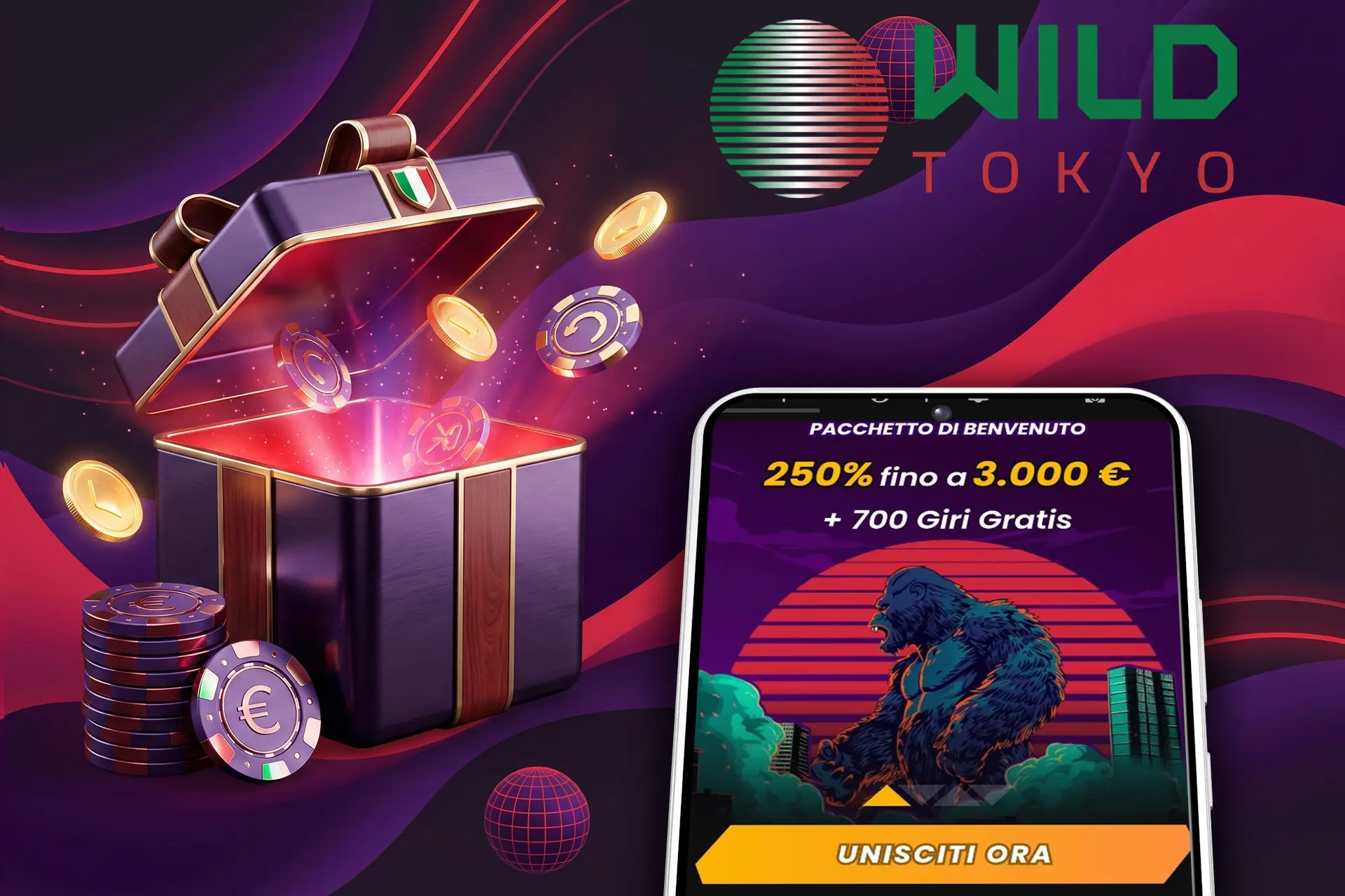 Dettagli dell'offerta di benvenuto per i nuovi utenti, che include giri gratis e bonus sul deposito, mostrata su un telefono accanto a un bauletto regalo luminoso
