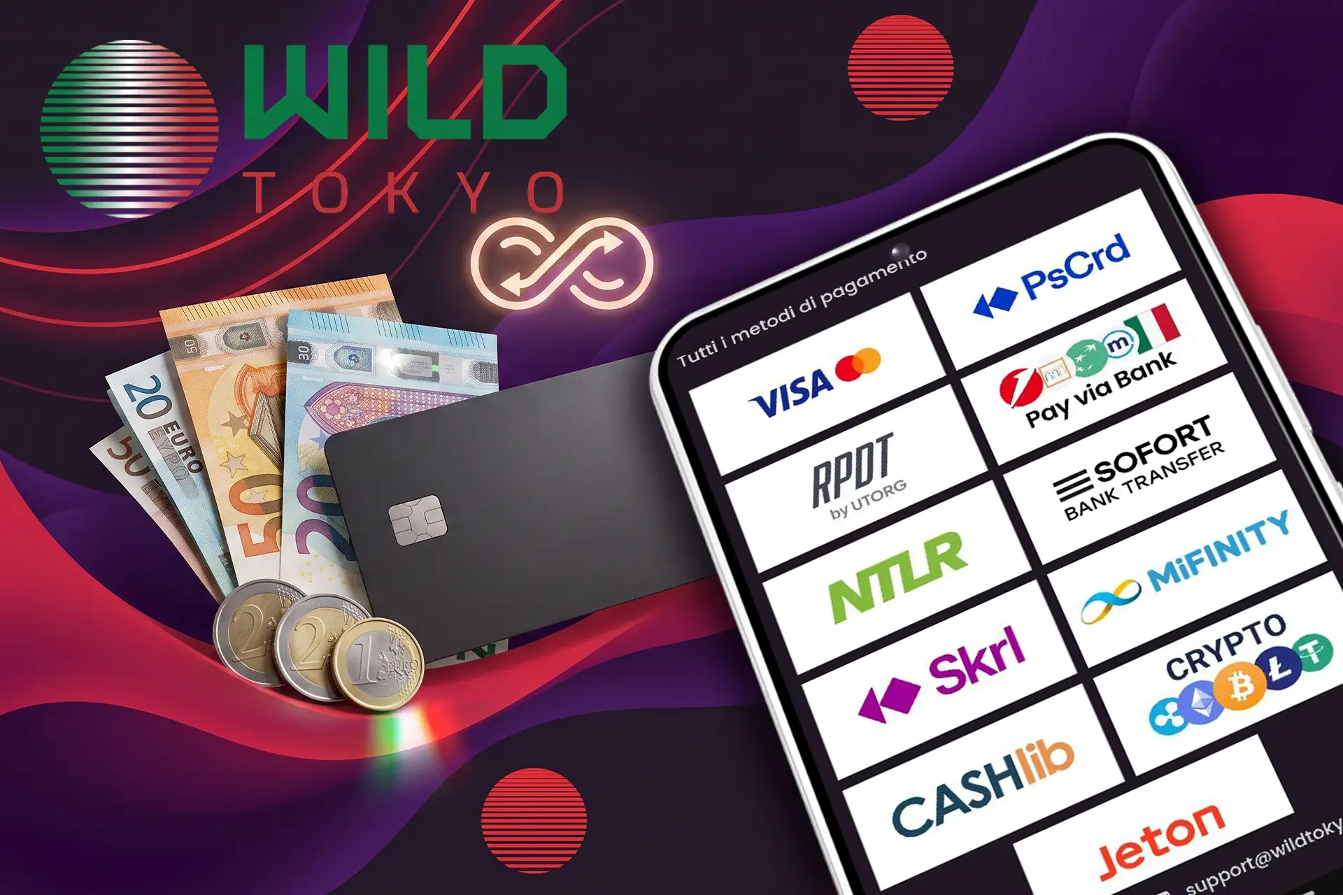 Opzioni di pagamento sicure disponibili in Italia, incluse carte di credito, portafogli elettronici e criptovalute, raffigurate insieme a banconote in Euro e monete